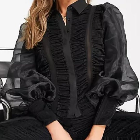 ASOS LUXE ruched chiffon shirt in black UK 10 // US 6 NWT - Picture 1 of 8